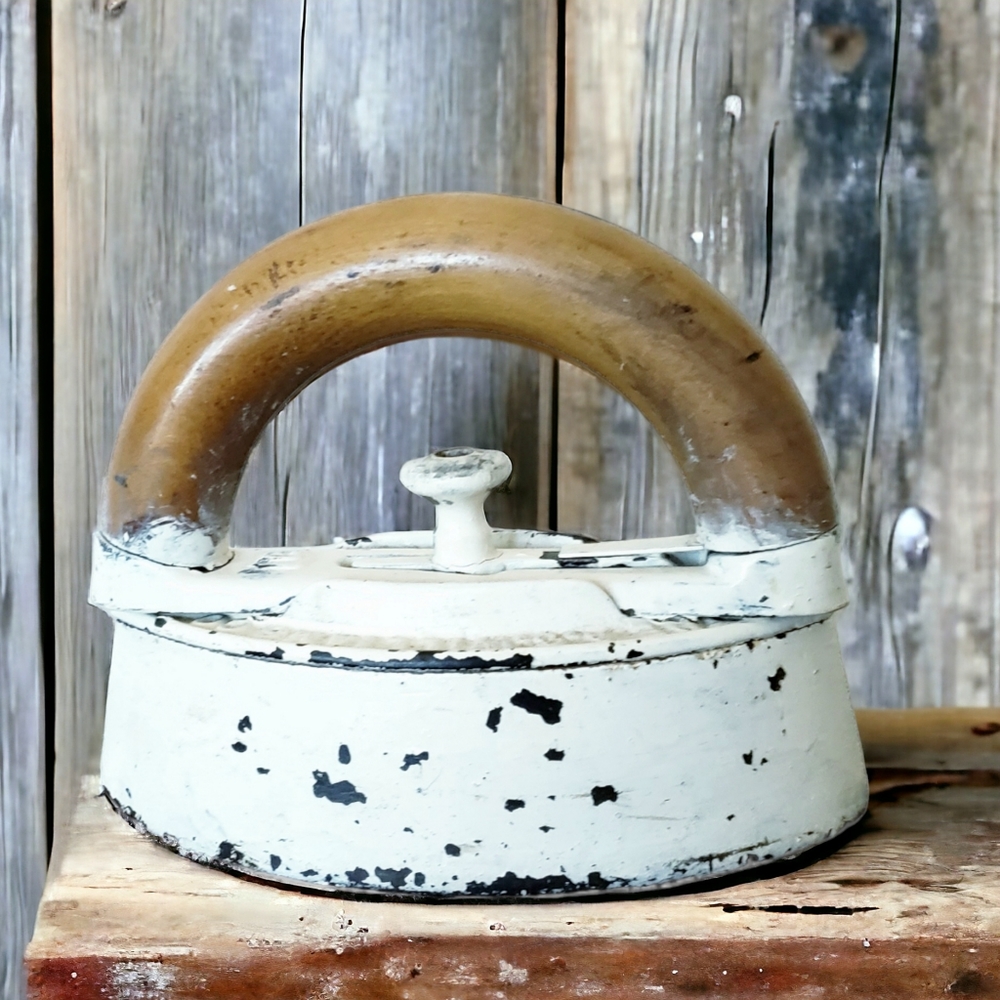 Antique Sad Iron Painted White Chippy Farmhouse Kitchen Decor Vintage Door Stop